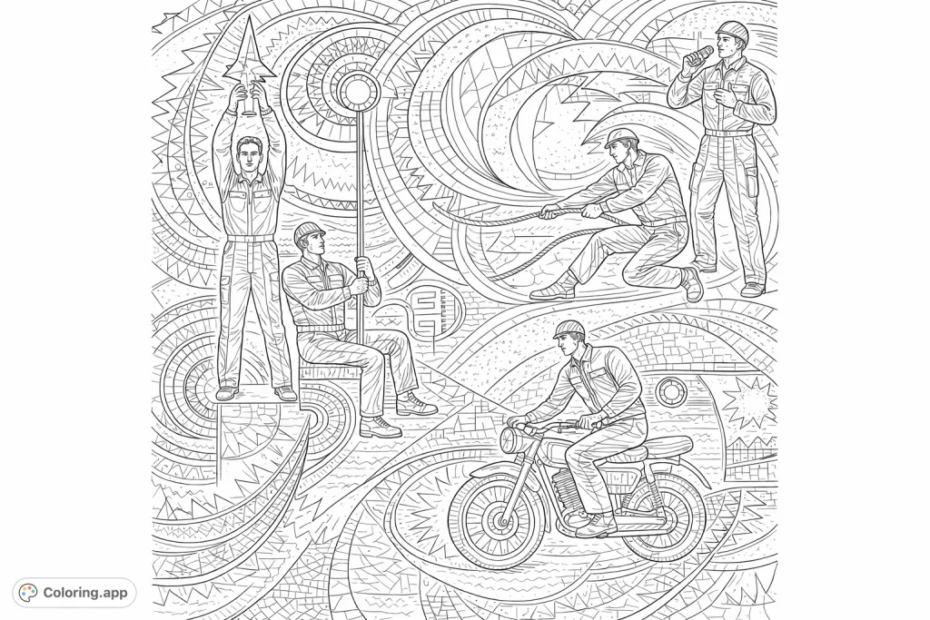 An intricate mosaic artwork depicting stylized figures engaged in heroic poses and industrial progress, set against dynamic geometric patterns. Perfect for adults.