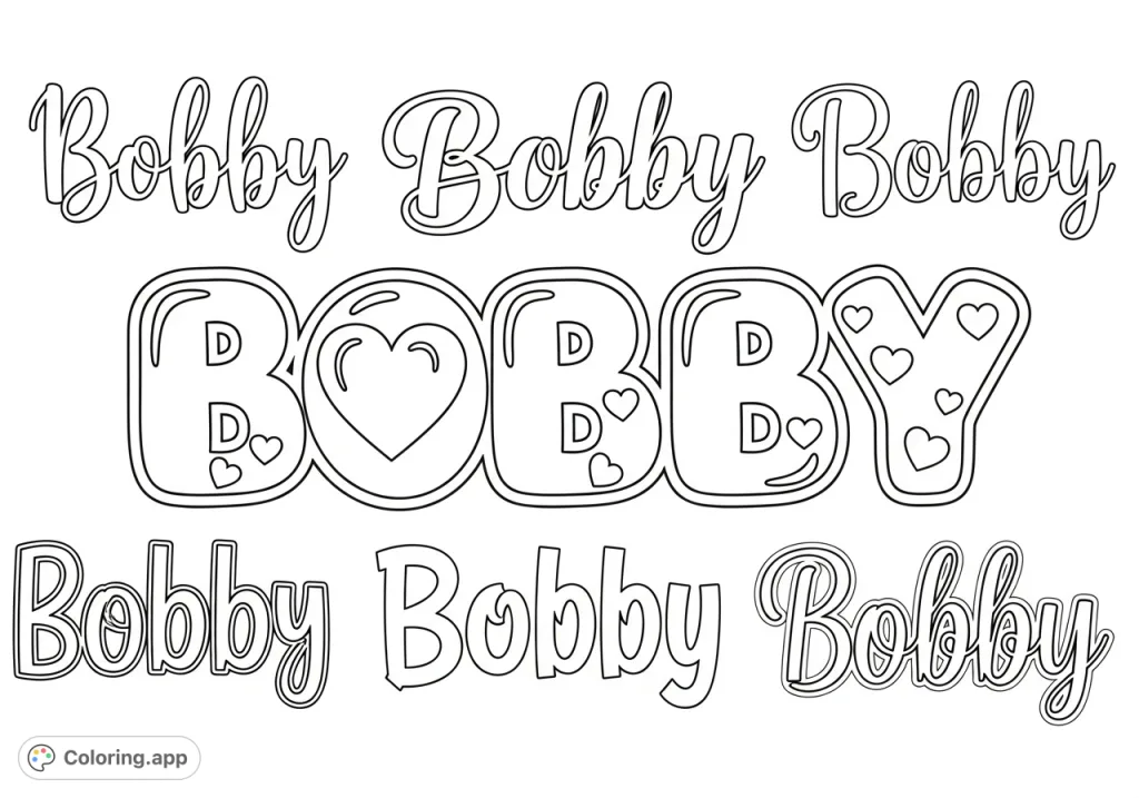 A charming 'Bobby' coloring page featuring bubble letters with a heart, surrounded by elegant cursive and handwritten fonts. Perfect for personalization and tracing.
