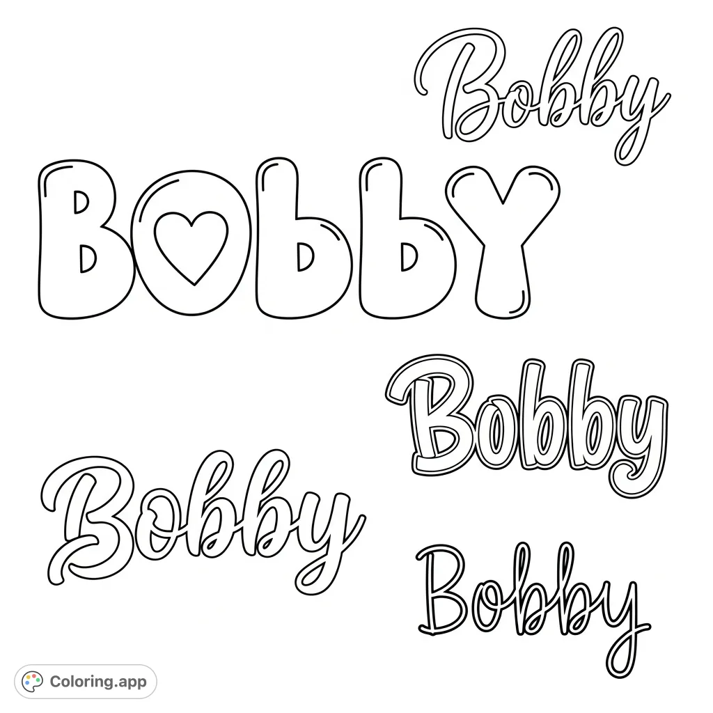 A super cute Bobby name coloring page with a heart in bubble letters and various font styles, perfect for tracing and personalization.