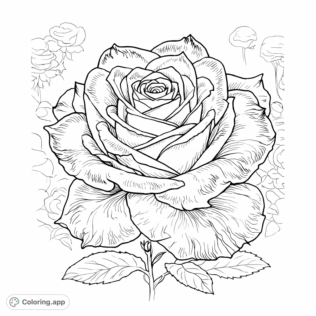 Immerse yourself in the intricate beauty of a blooming rose. This elegant flower with detailed petals offers a delightful coloring experience for all ages.