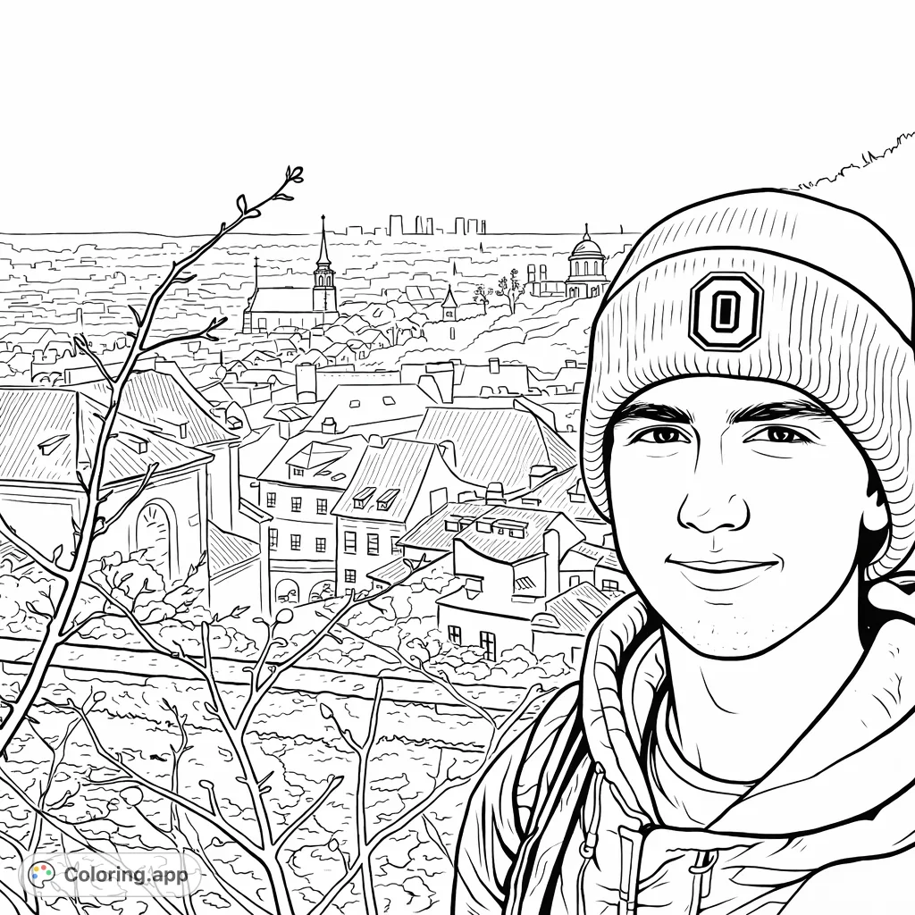 Capture the charm of an urban panorama with a friendly traveler. This detailed cityscape coloring page features architectural elements, intricate branches, and a distant skyline.