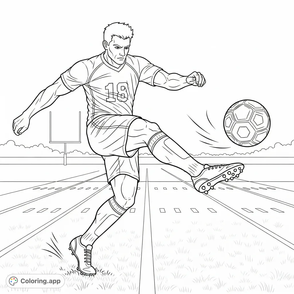 A thrilling football player coloring page capturing a dynamic athlete mid-kick on a detailed field with a classic football and distant goalpost. Perfect for sports fans!