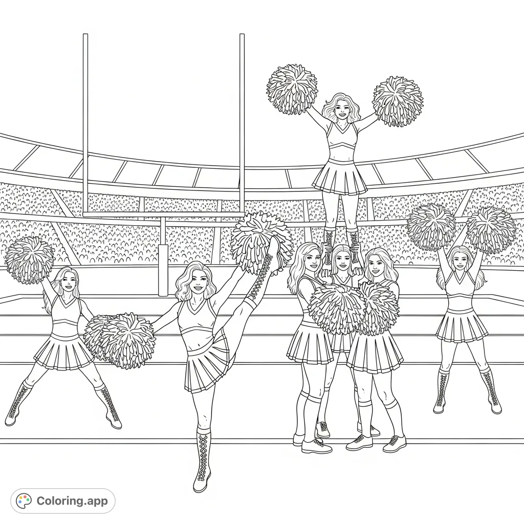 Capture the energy of a game day with this vibrant cheerleading at an American football field coloring page. Perfect for sports fans and aspiring cheerleaders!