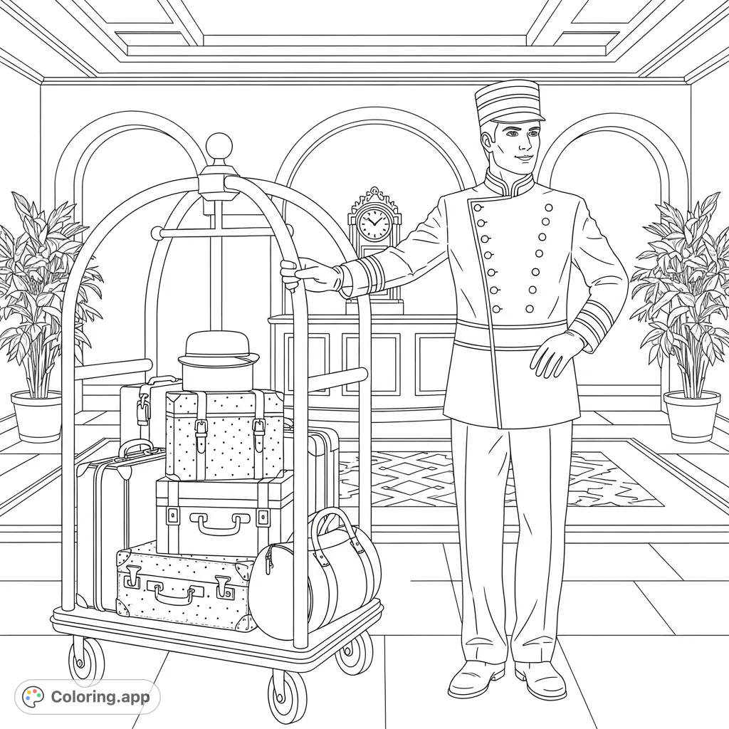 Color a charming bellhop with his luggage cart in an opulent hotel lobby, featuring detailed uniform, vintage suitcases, and grand architecture.