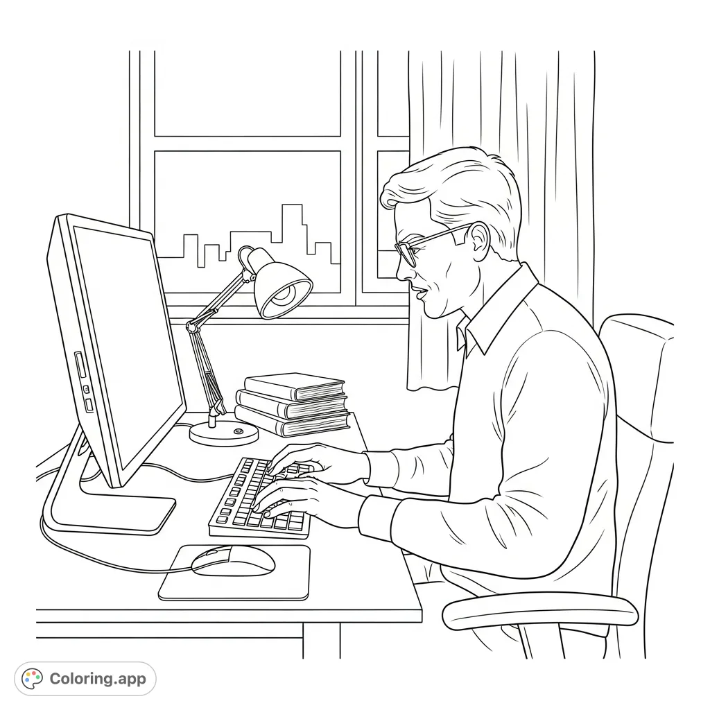 Capture the focused activity of a man typing intently on a desktop computer at his organized desk. A detailed scene perfect for personalizing with your creative touch.