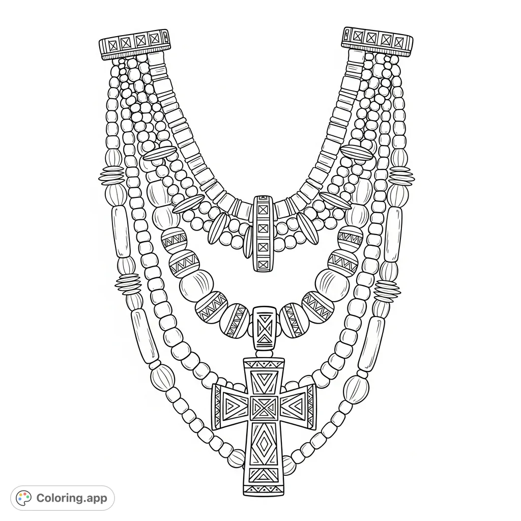Discover an intricate African bead necklace coloring page, showcasing detailed strands of various beads and a striking central cross emblem. Perfect for cultural exploration!