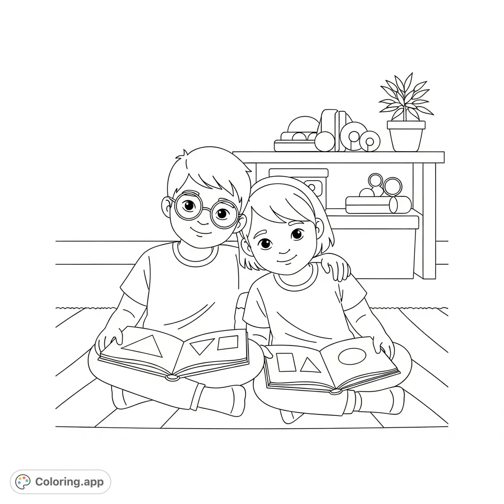 A heartwarming special needs siblings coloring page featuring two children sharing a quiet moment with a book. A beautiful portrayal of family love and connection.