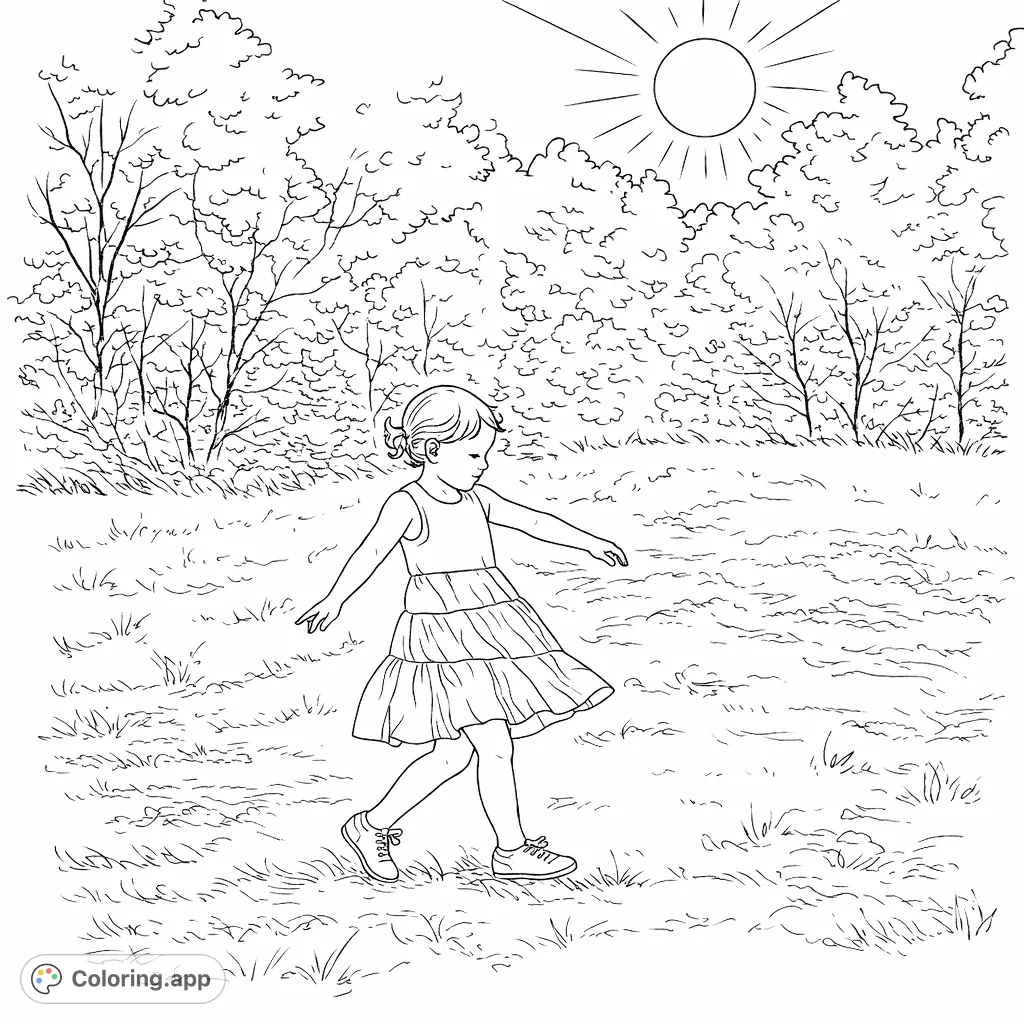 Capture a moment of pure childhood joy with this delightful coloring page featuring a young child happily twirling in a natural, grassy setting, perfect for all ages.