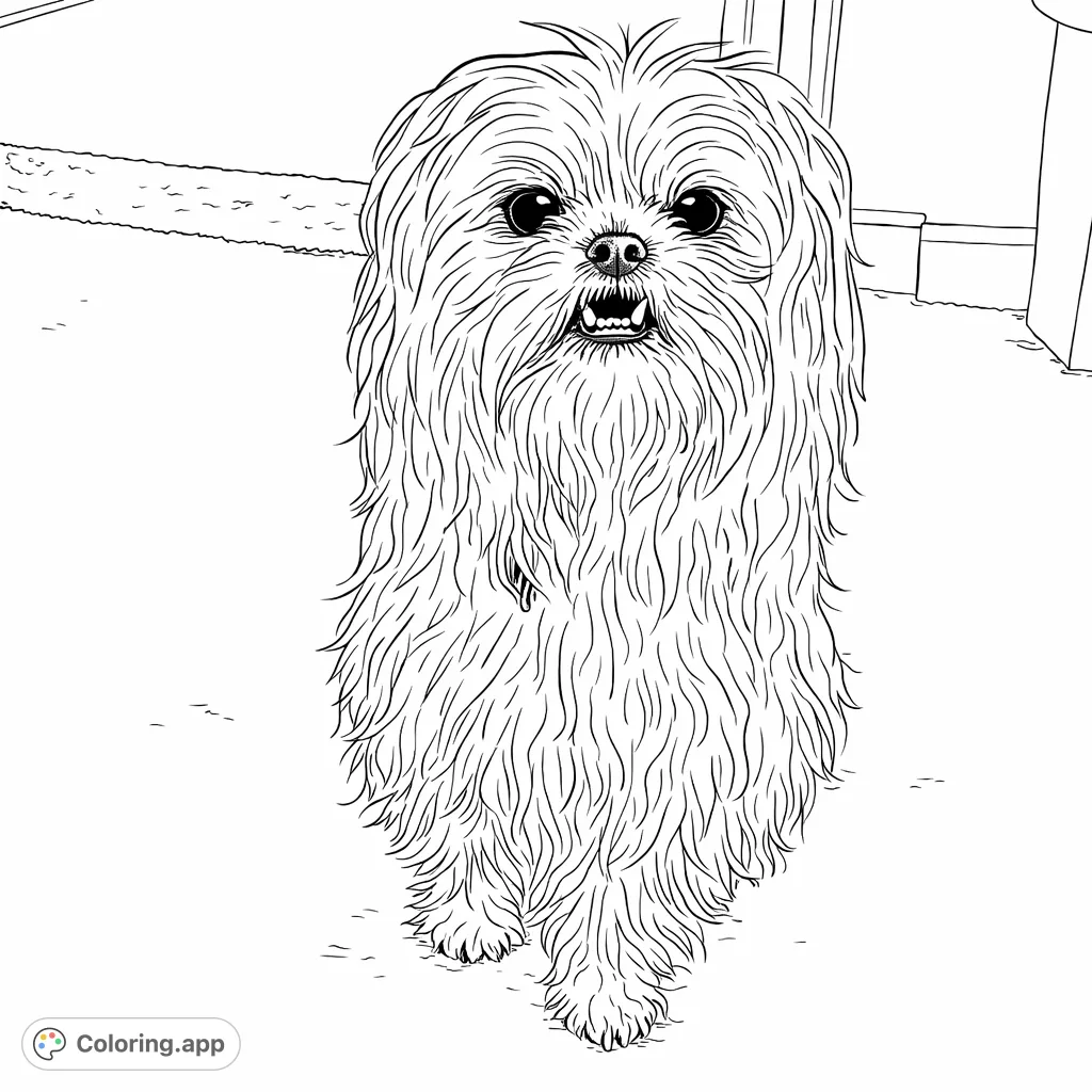 Bring this adorable shaggy-haired dog to life with your favorite colors! A charming portrait of a fluffy canine companion waiting for your creative touch.
