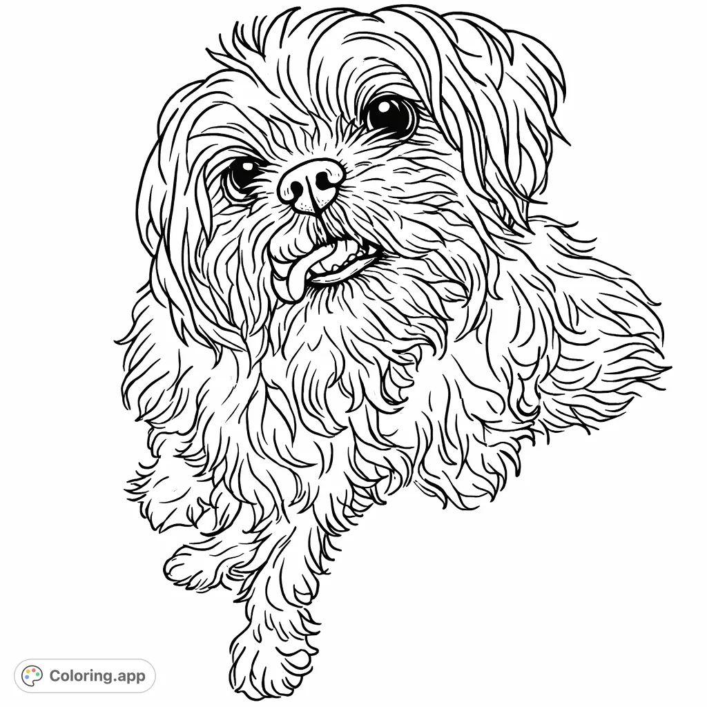 A delightful shaggy dog with an expressive face sits patiently on a textured carpet, ready for a creative burst of color. Perfect for pet lovers!