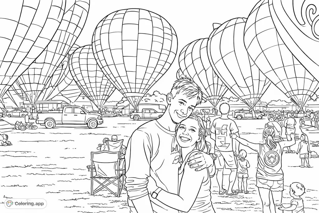 An embracing couple smiles amidst a vibrant hot air balloon festival at dusk, surrounded by glowing giants and a lively crowd enjoying the outdoor spectacle.