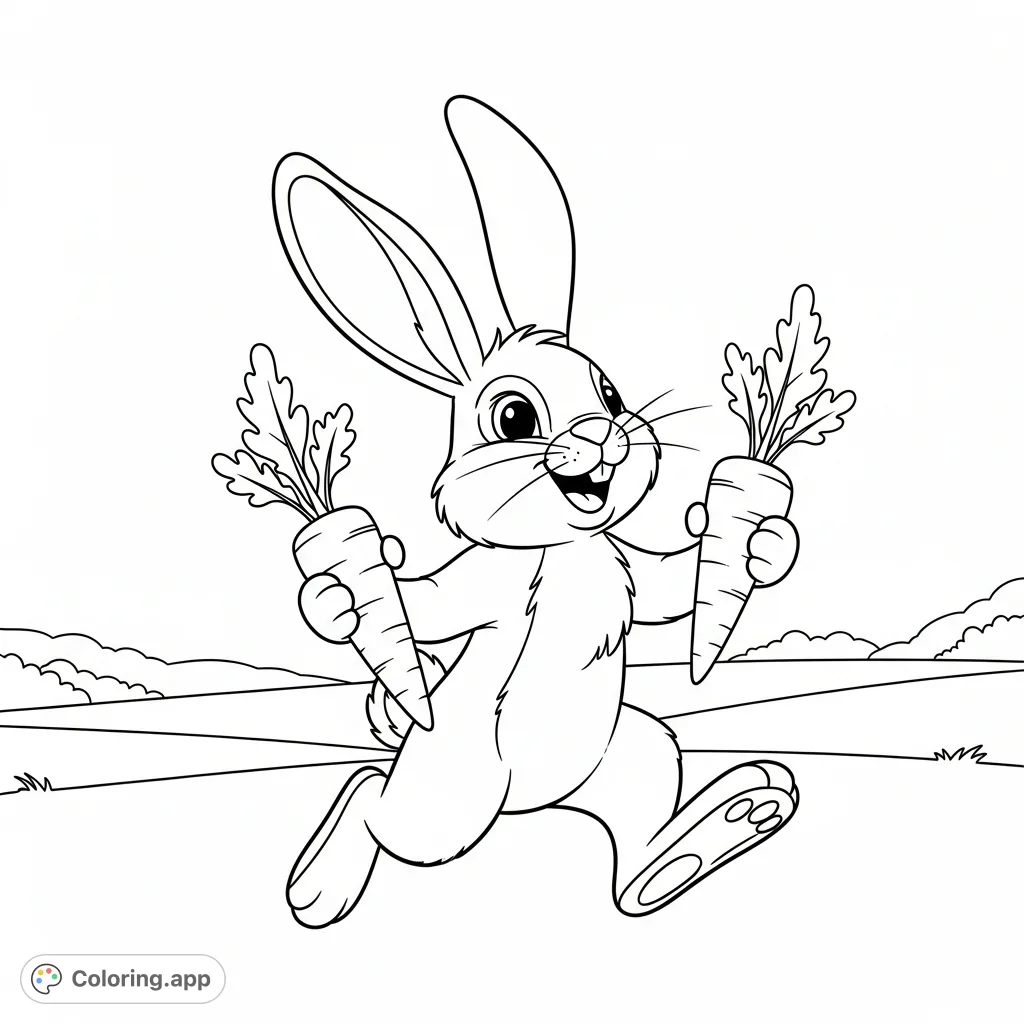 A delightful bunny rabbit coloring page, featuring a smiling bunny hopping with carrots amidst an open, inviting landscape, perfect for young colorists.