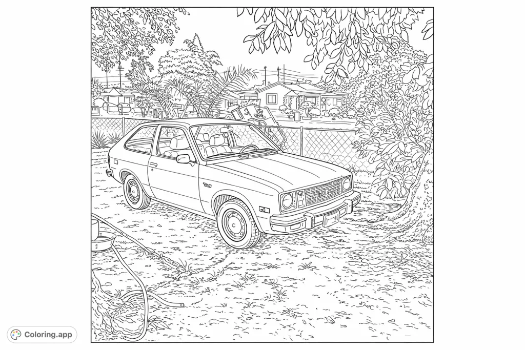 Color a classic compact hatchback car parked in a suburban yard with a chain-link fence, trees, and houses in the background. Perfect for car enthusiasts.