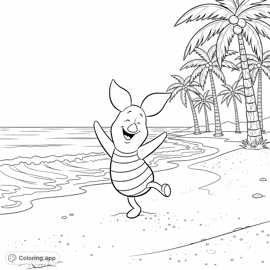 Join Piglet as he joyfully salsa dances on a sunny beach, surrounded by gentle waves and tropical foliage. A charming scene for Winnie the Pooh fans.
