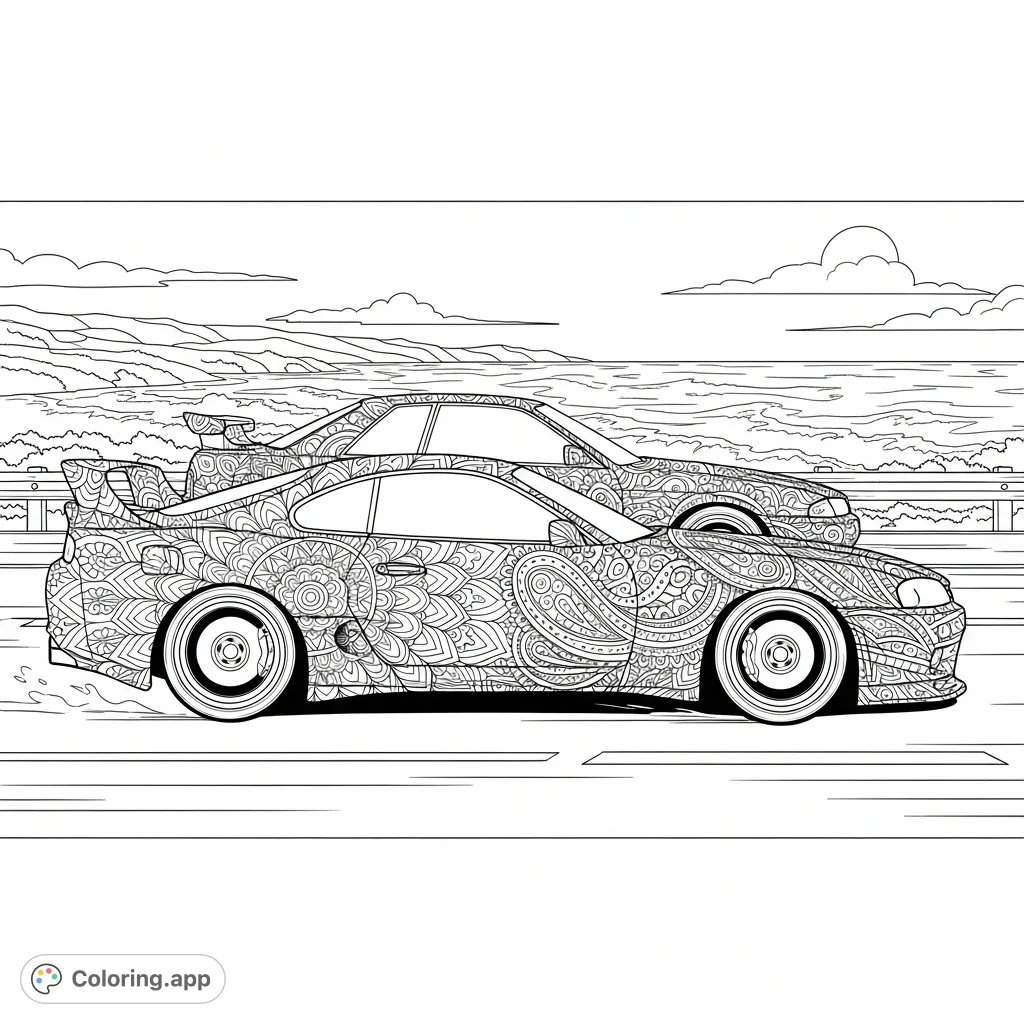 An epic street racing coloring page featuring a detailed Toyota Supra with mandala patterns and a Nissan Skyline with paisley designs on a coastal highway.