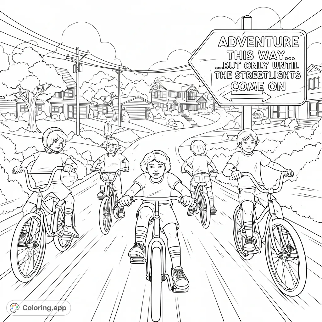 Step back to the 70s with kids on bikes, tube socks and sneakers, embarking on an adventure away from suburbia. A nostalgic coloring page for all ages.