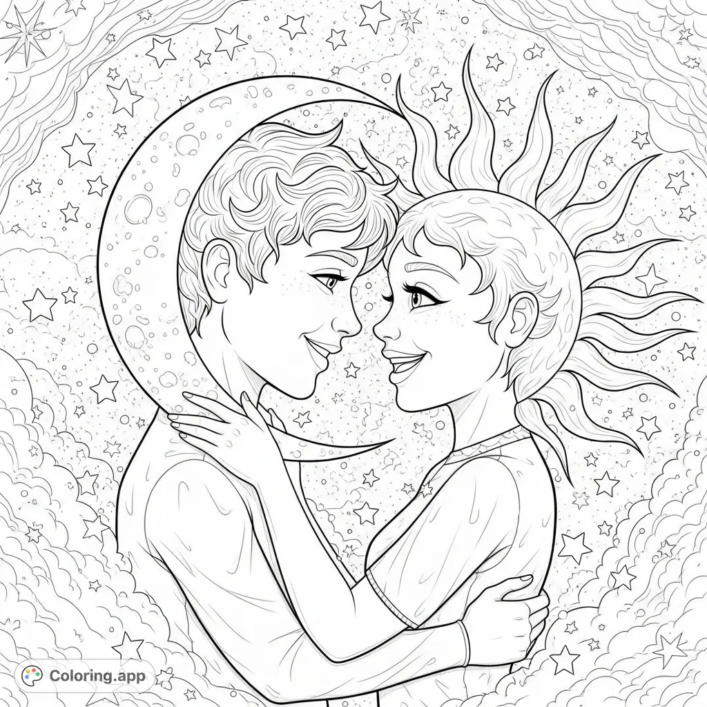 A heartwarming celestial embrace between boy Moon and girl Sun, gazing lovingly. A cosmic scene filled with stars and swirling patterns.