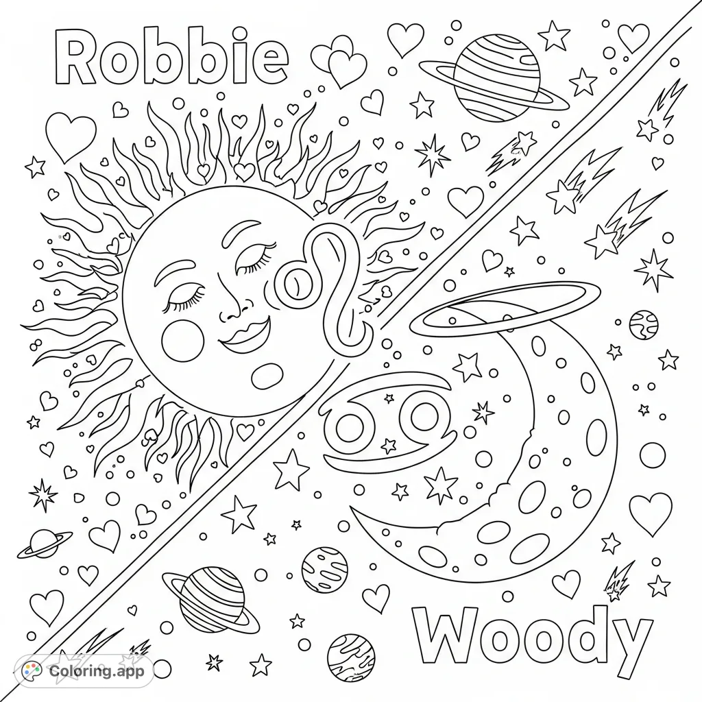 A whimsical celestial Sun Moon coloring page, diagonally divided with astrological symbols Leo and Cancer, planets, and stars for creative expression.