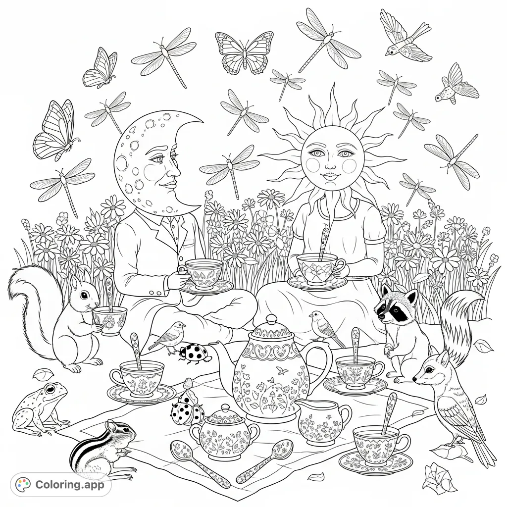 A whimsical coloring page of the male moon and female sun hosting an ornate tea party with many animal friends in a field of wildflowers.