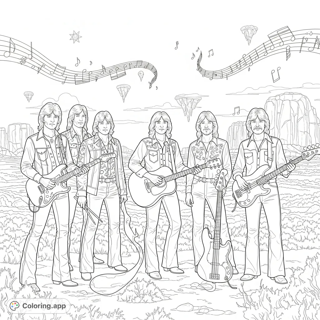 An iconic Eagles rock band coloring page featuring the legendary musicians posing with their instruments against a rugged landscape, ready for a fan's creative touch.