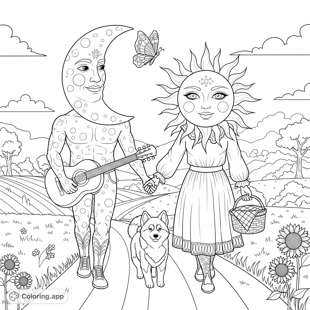 Join the whimsical Moon and radiant Sun on a charming country road picnic, accompanied by a playful puppy and fluttering butterfly. A delightful celestial journey coloring page.