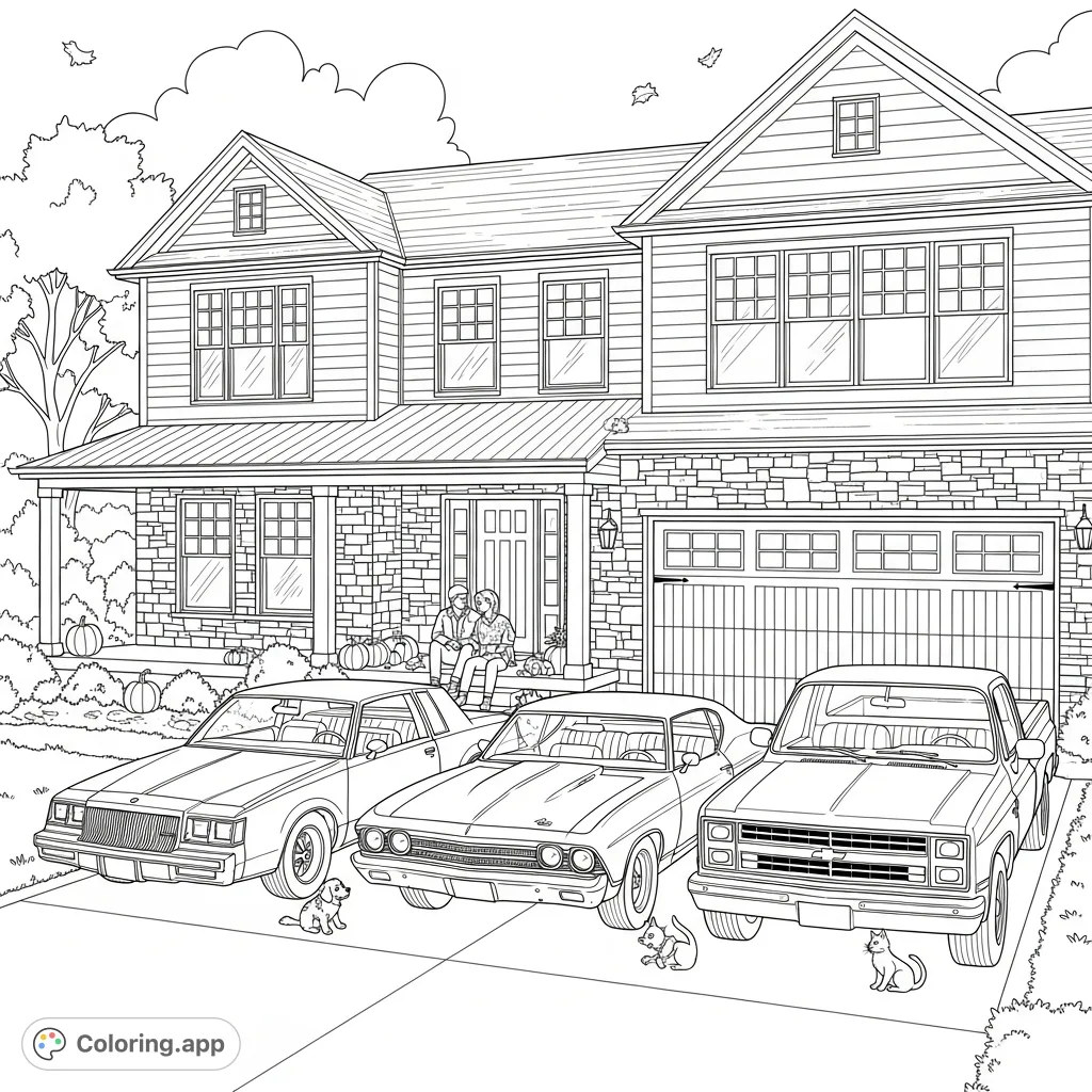 A detailed coloring page featuring a couple on a cozy suburban porch, their two-story home with rock and wood textures, and three iconic classic vehicles.
