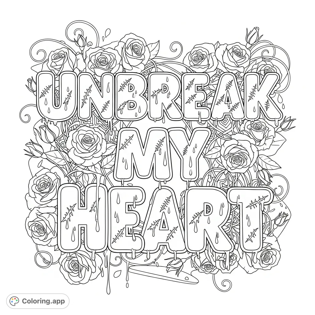 An emotionally powerful coloring page featuring the words "Unbreak My Heart" with scars and drips, framed by intricate roses and swirling vines.