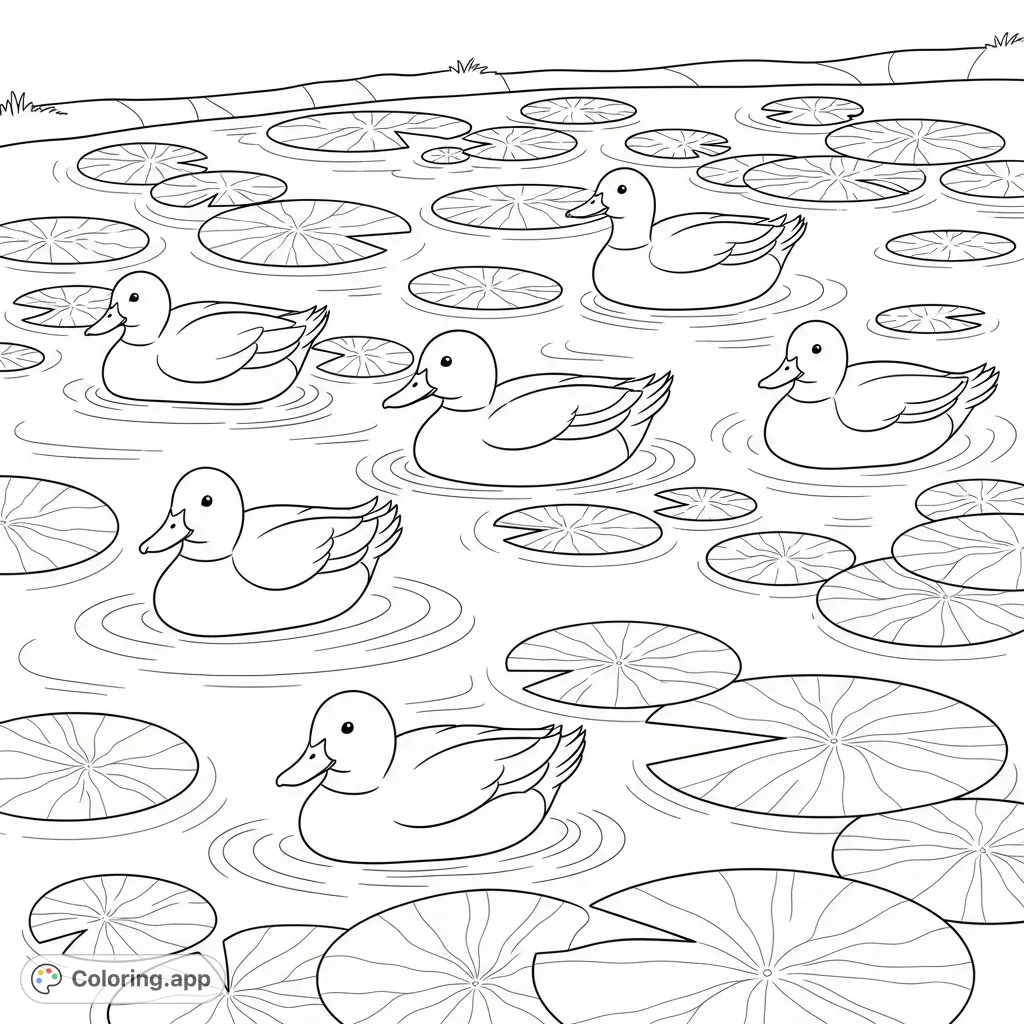 Discover tranquility with this free printable pond coloring page featuring serene ducks gliding among lush lily pads. A delightful scene for relaxation and creativity.
