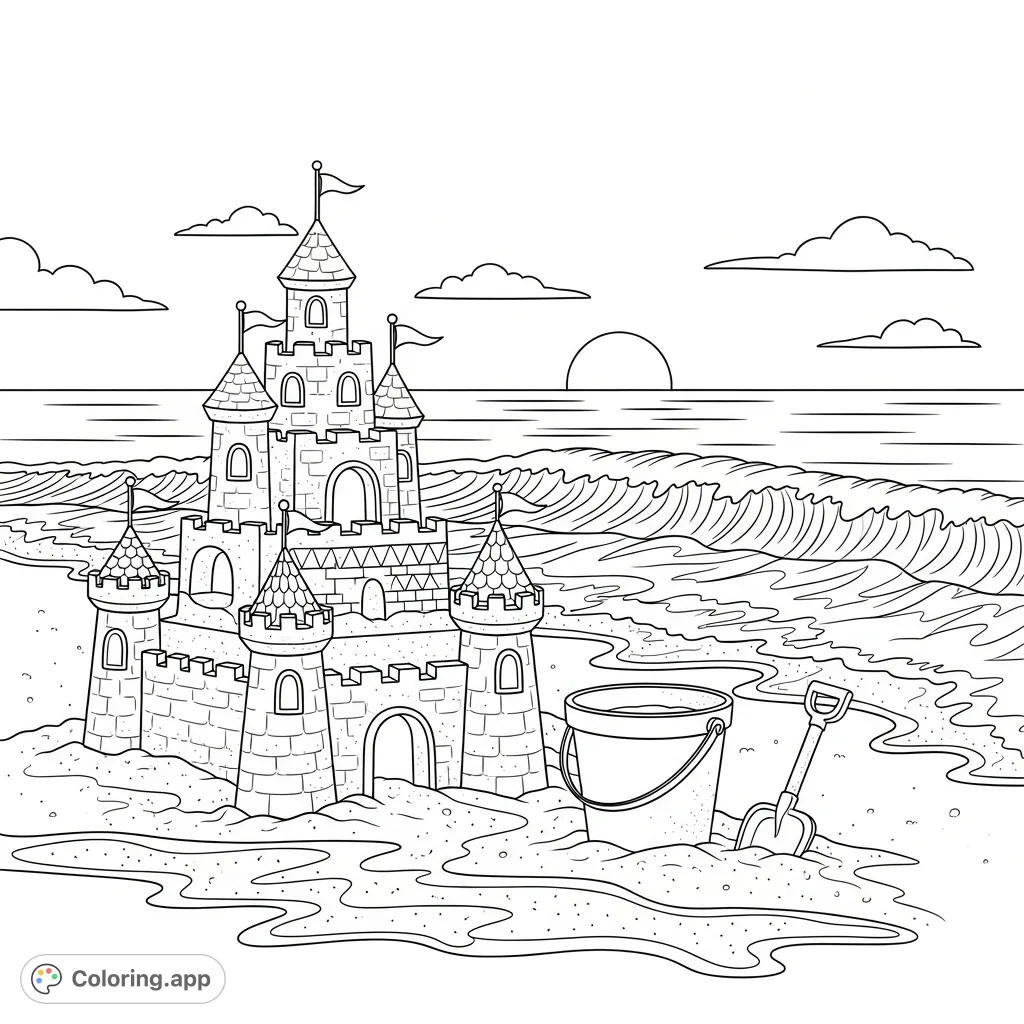 Capture the essence of summer with this delightful beach scene coloring page featuring a grand sandcastle, a bucket, and playful ocean waves.