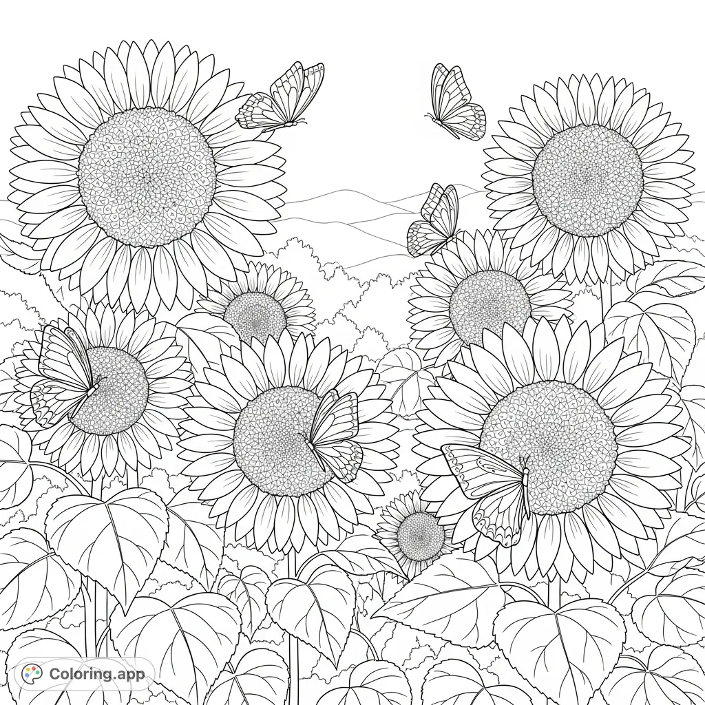 A delightful magical garden coloring page featuring giant sunflowers and graceful butterflies, offering expansive areas for creative coloring fun. A free printable coloring page!