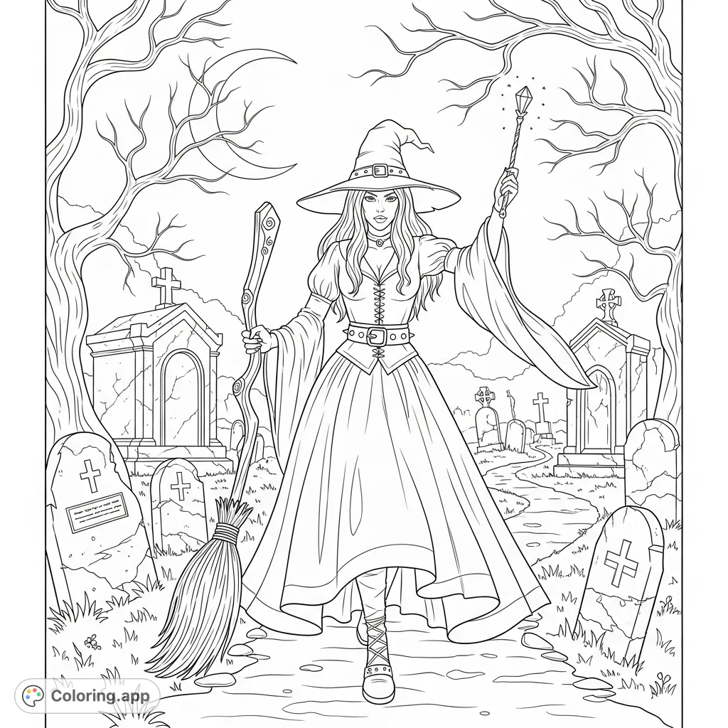 A confident gothic witch strides through an ancient, moonlit graveyard, holding a broom and crystal wand. Weathered gravestones and twisted trees fill the atmospheric scene.