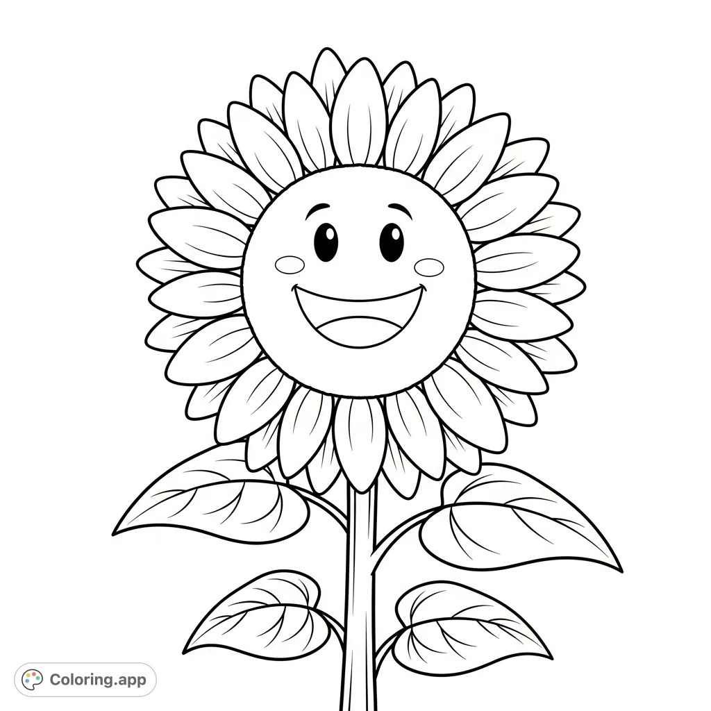 A friendly giant sunflower with a beaming smile and expansive petals, offering large, inviting sections perfect for easy, joyful coloring. A delightful free printable.