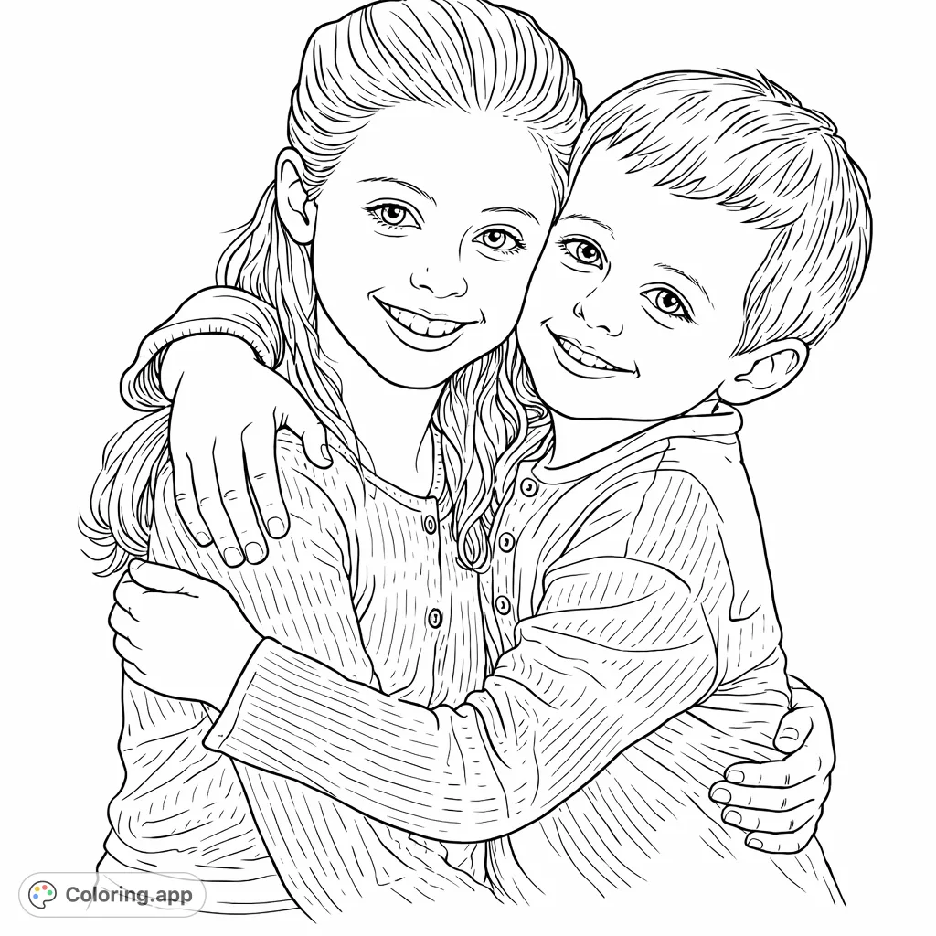Capture a heartwarming moment of two smiling children embracing. This free printable siblings coloring page offers a chance to personalize their outfits and expressions.