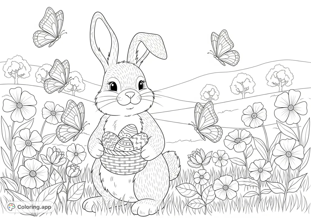 A delightful spring scene featuring a cheerful Easter bunny, an overflowing basket of eggs, and a whimsical array of butterflies and blooming flowers. Perfect for joyful coloring.