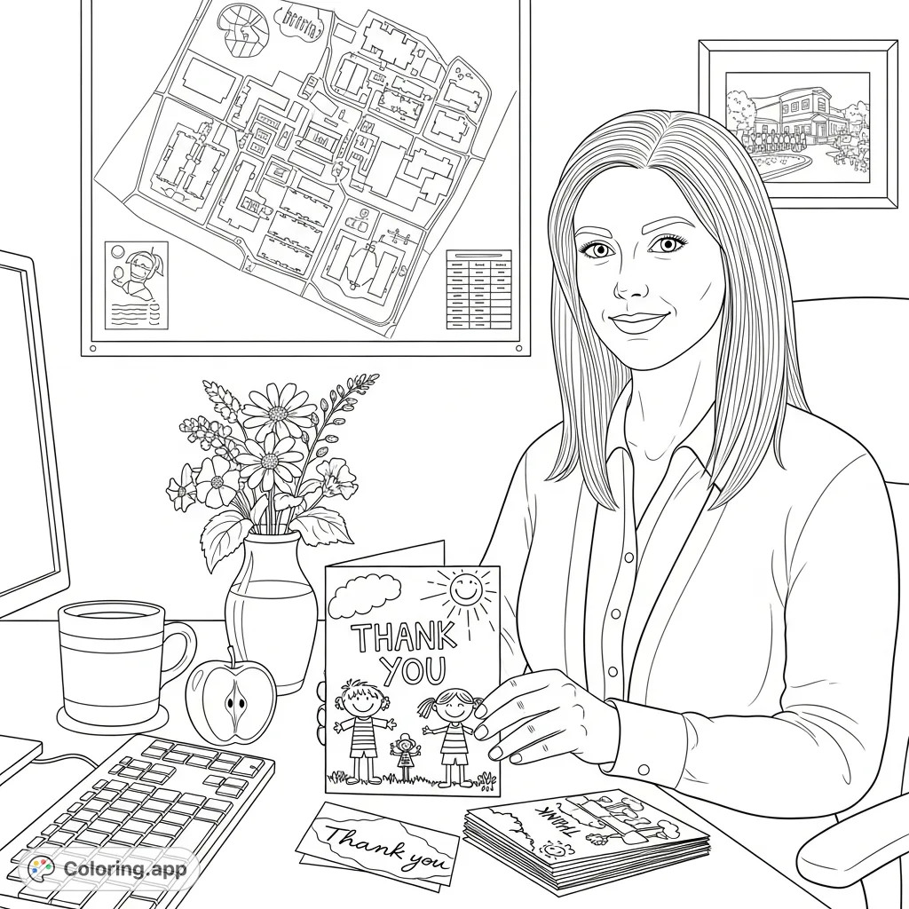 A detailed office desk scene featuring an administrative assistant, handmade 'thank you' cards, wildflowers, and school-themed decor. Perfect for appreciation.