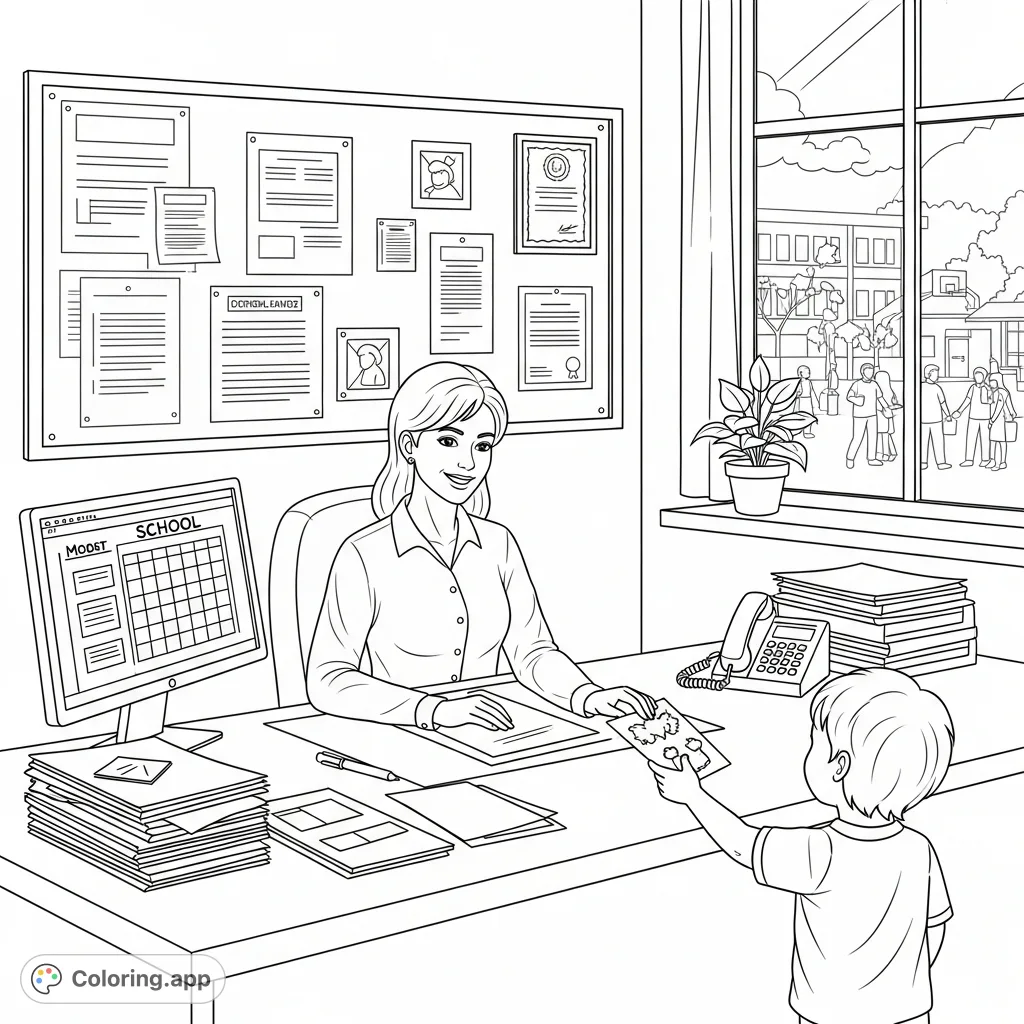 A heartwarming school office scene depicting an administrative assistant receiving a homemade card from a smiling child. Features an organized desk with school supplies and a lively schoolyard background.
