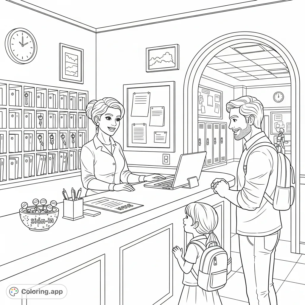 Welcome to a detailed school reception scene! The administrative assistant greets a parent and child, surrounded by mail slots, a key cabinet, and a glimpse of a lively hallway.