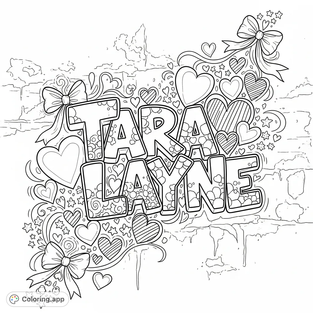 A dynamic graffiti coloring page featuring "Tara Layne" amidst hearts, bows, and stars on a textured urban wall. Personalize this unique art!