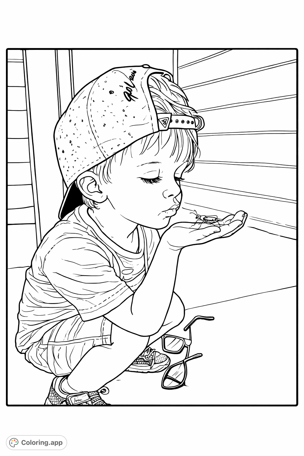 A sweet moment of a child observing a small insect on their hand. This delightful scene captures curiosity and gentle interaction with nature. Perfect for young explorers.