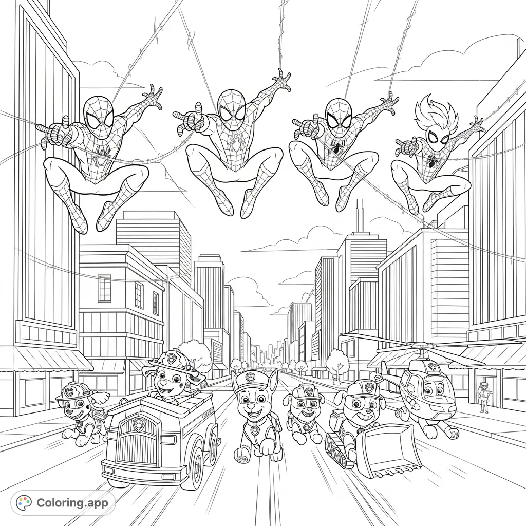 Swing into action with Spidey and his amazing friends, soaring above Adventure City while the Paw Patrol crew drives below in this thrilling coloring page!