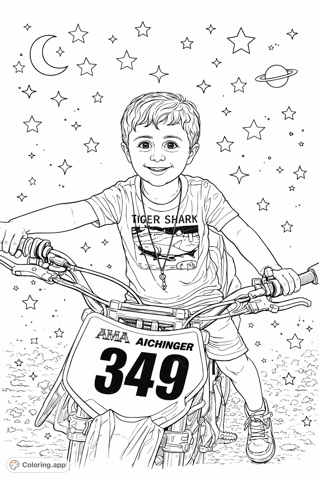 A cheerful boy ready for adventure on his dirt bike, surrounded by celestial elements. This realistic dirt bike coloring page offers moderate detail for a fun experience.