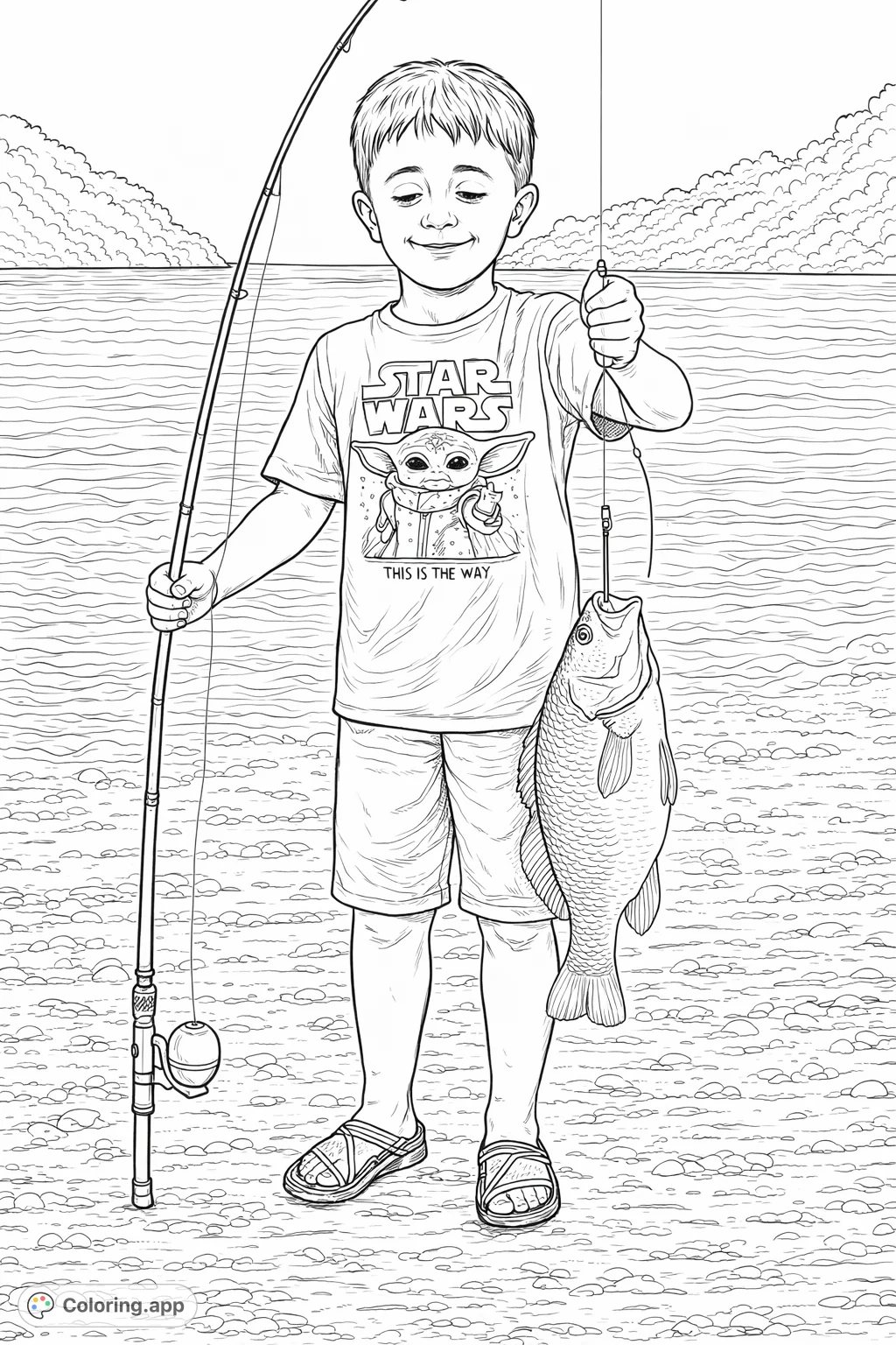 Celebrate a young angler's triumph with this exciting fishing coloring page. A proud boy holds his impressive catch by the water's edge, ready for your creative touch.