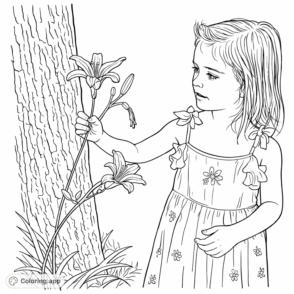 Discover a delightful nature scene with a child examining blossoming flowers near a textured tree. A charming free printable coloring page for budding artists.