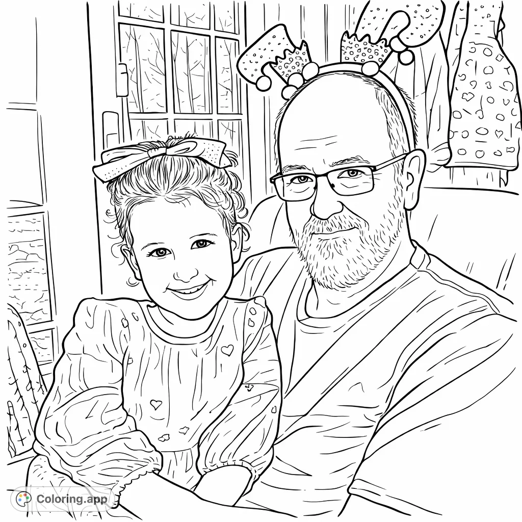 Capture a heartwarming moment between a grandpa and his granddaughter, both smiling and adorned with festive accessories, ready for your creative touch.