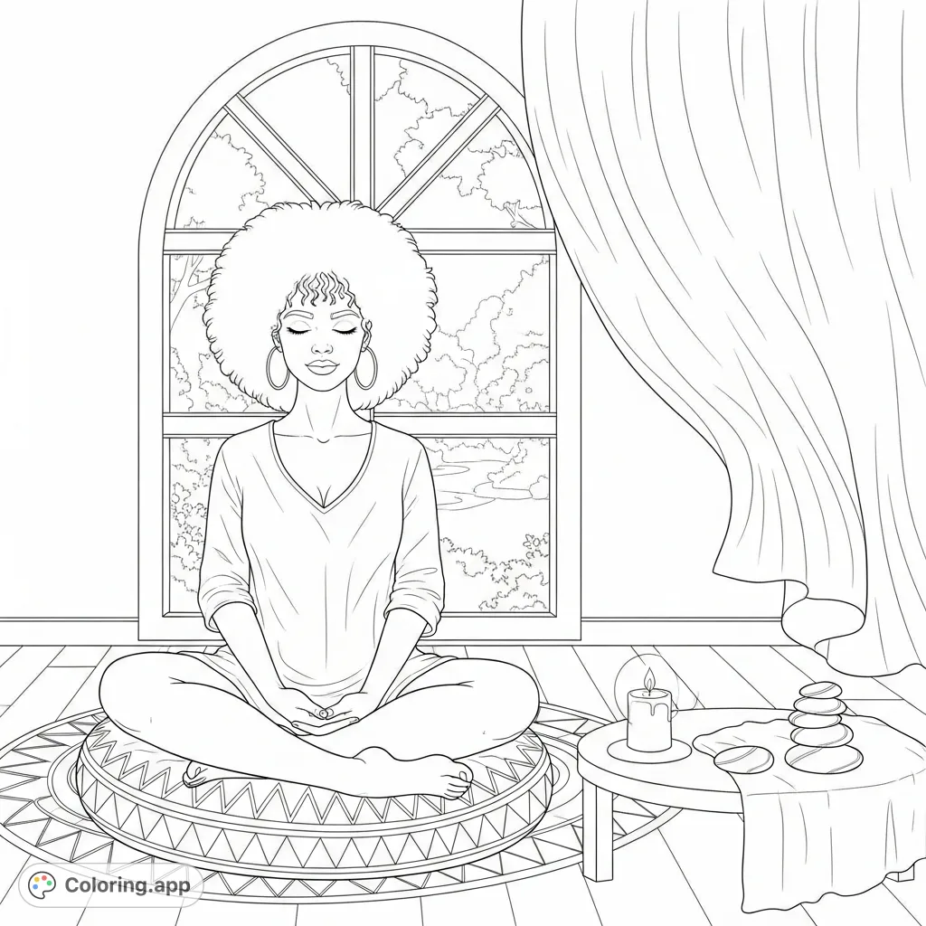 A serene woman with voluminous natural hair sits in a meditative pose by an arched window overlooking a tranquil garden, surrounded by calming elements.