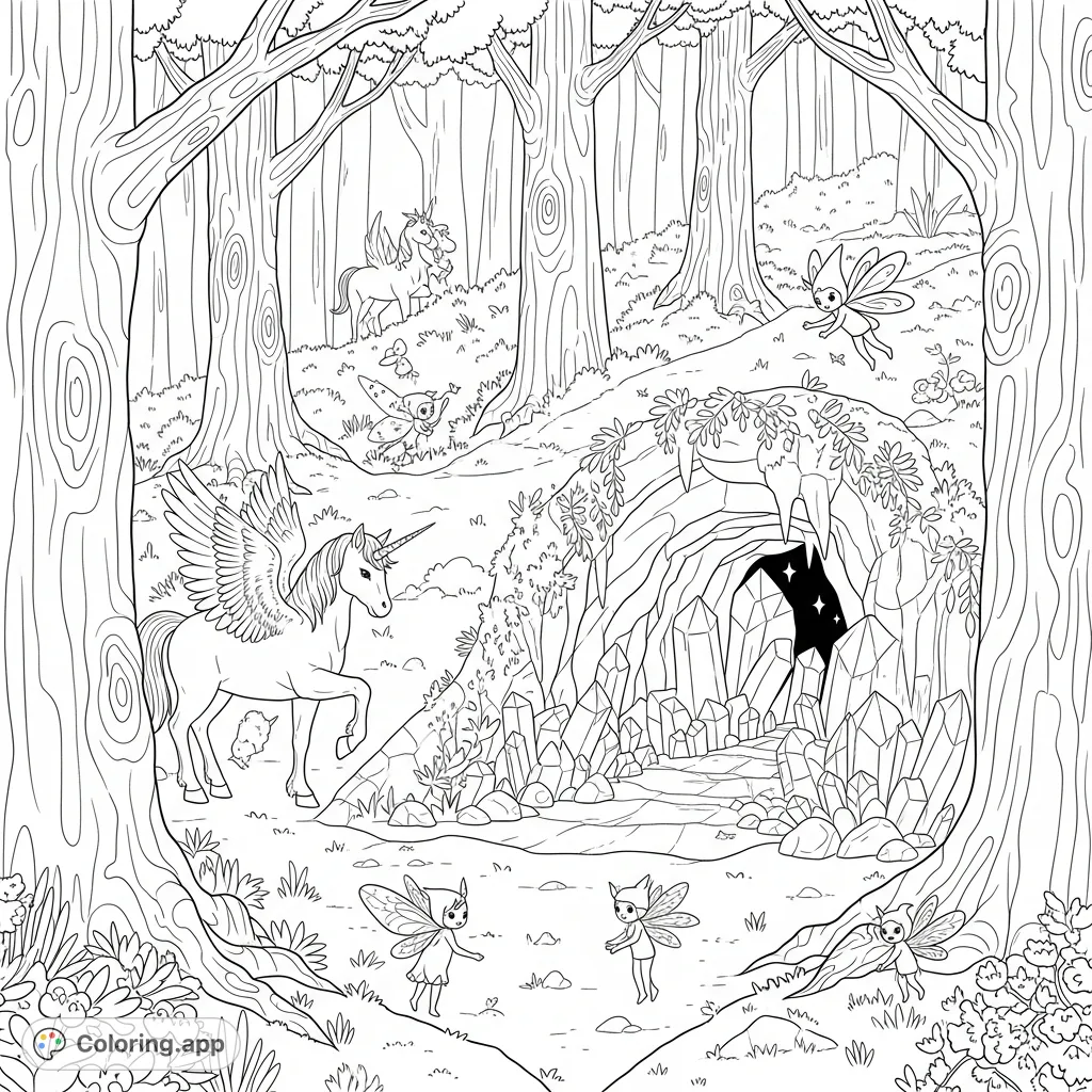 Explore a mystical forest clearing featuring a hidden crystal cave, ancient trees, graceful unicorns, and whimsical sprites. A magical nature adventure awaits!