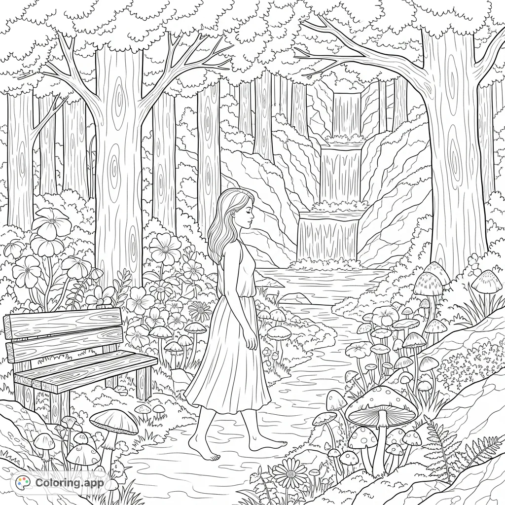 Discover a serene forest scene with a woman walking barefoot amidst towering trees, blooming flowers, diverse mushrooms, a rustic bench, and a cascading waterfall.