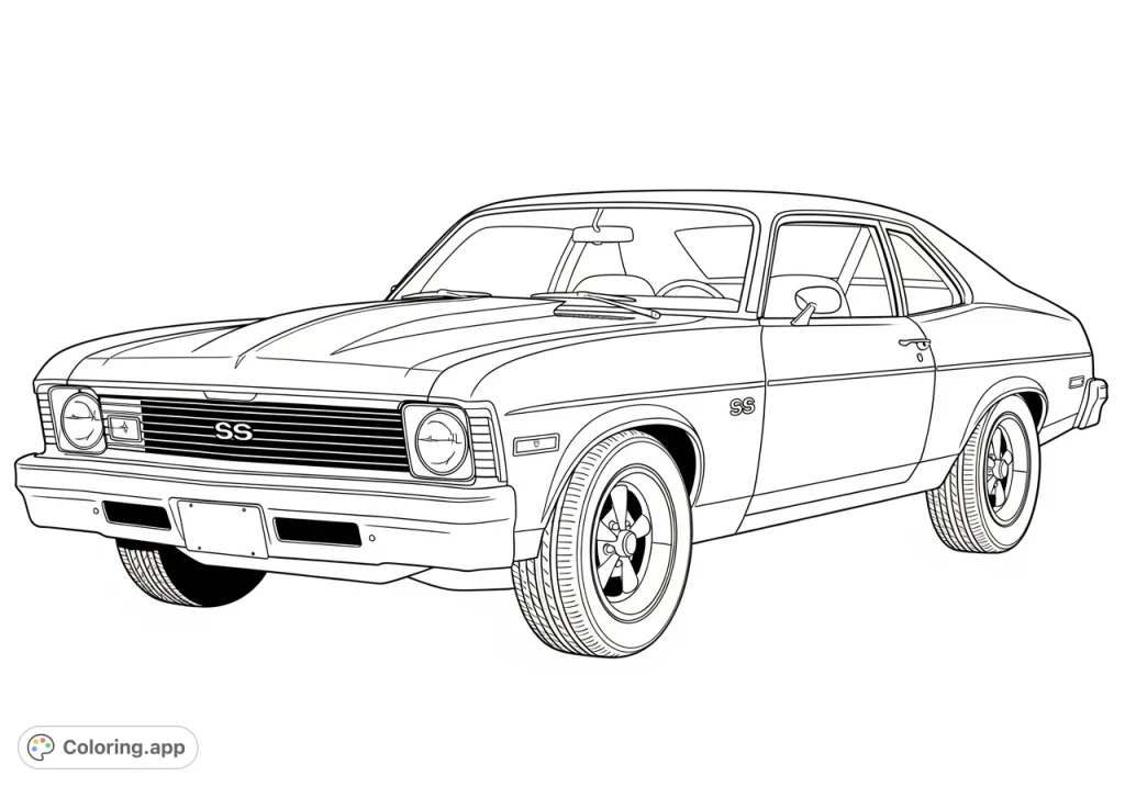 Capture the iconic power of the 1978 Chevy Nova SS with this detailed coloring page. Perfect for car enthusiasts to personalize a vintage muscle car.