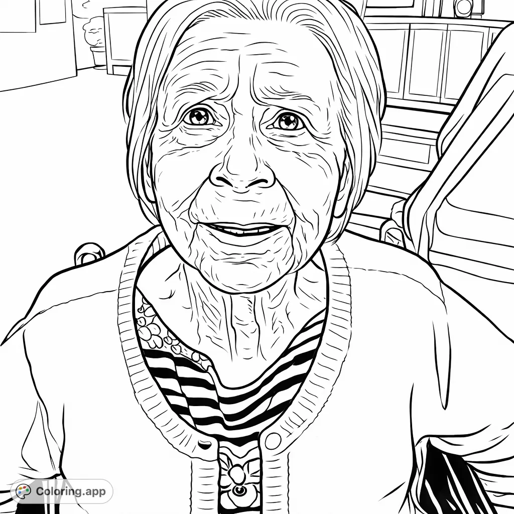 A detailed portrait of an elderly woman, perfect for practicing realistic skin tones and capturing human expression. Features a gentle smile and intricate facial lines.