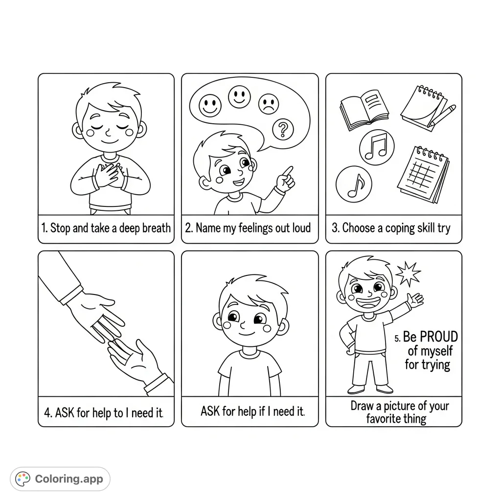 Discover 'My Super Calm-Down Plan' with a friendly character guiding through five steps of emotional regulation and a bonus panel for creative expression.
